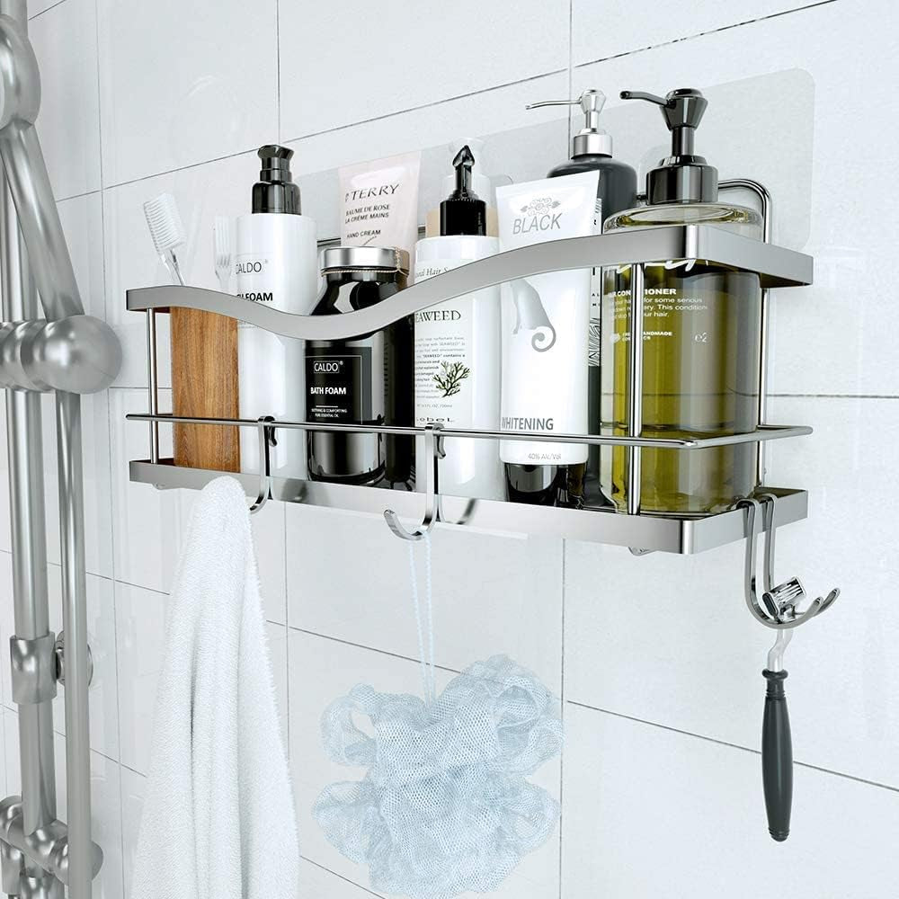 Premium Shower Caddy - Adhesive Bathroom Shower Organizer and Storage W/ 4 Hooks, No Drill Shower Shelves for inside Shower, Rustproof Stainless Steel Shower Rack, Accessories Holder, Silver