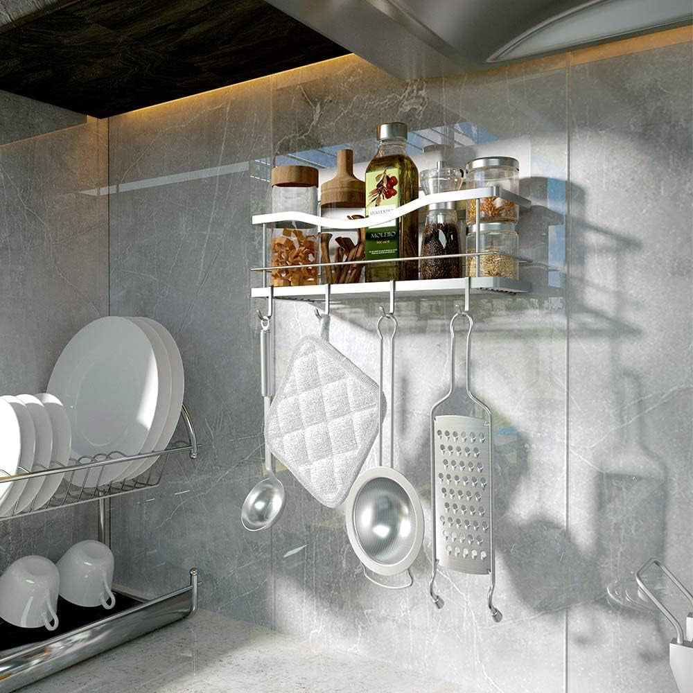 Premium Shower Caddy - Adhesive Bathroom Shower Organizer and Storage W/ 4 Hooks, No Drill Shower Shelves for inside Shower, Rustproof Stainless Steel Shower Rack, Accessories Holder, Silver
