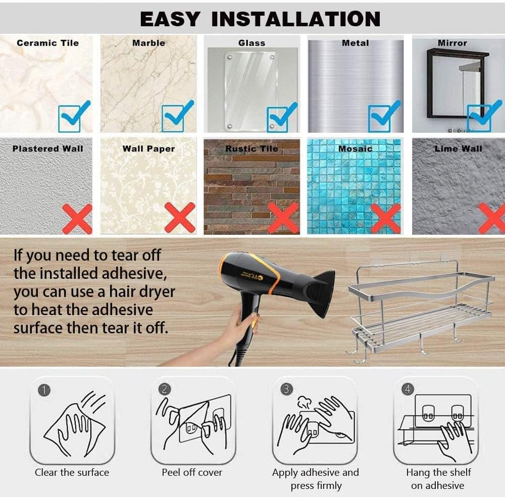 Premium Shower Caddy - Adhesive Bathroom Shower Organizer and Storage W/ 4 Hooks, No Drill Shower Shelves for inside Shower, Rustproof Stainless Steel Shower Rack, Accessories Holder, Silver