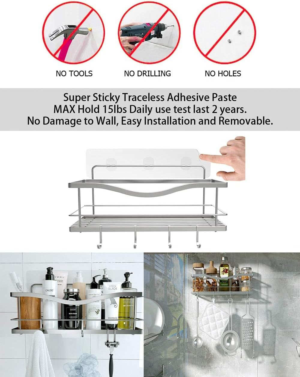 Premium Shower Caddy - Adhesive Bathroom Shower Organizer and Storage W/ 4 Hooks, No Drill Shower Shelves for inside Shower, Rustproof Stainless Steel Shower Rack, Accessories Holder, Silver