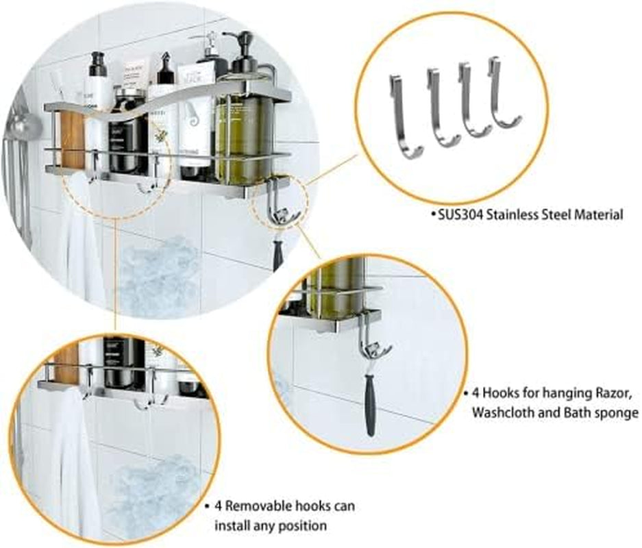 Premium Shower Caddy - Adhesive Bathroom Shower Organizer and Storage W/ 4 Hooks, No Drill Shower Shelves for inside Shower, Rustproof Stainless Steel Shower Rack, Accessories Holder, Silver