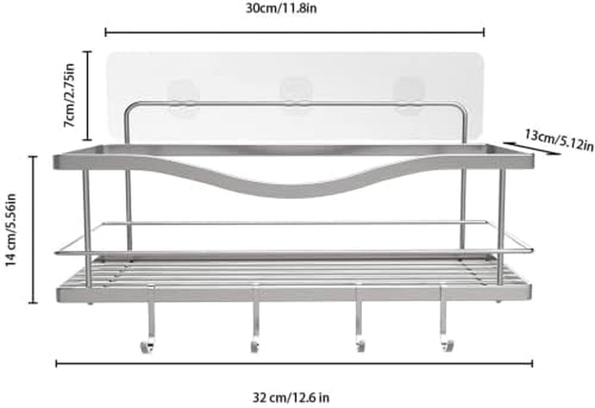 Premium Shower Caddy - Adhesive Bathroom Shower Organizer and Storage W/ 4 Hooks, No Drill Shower Shelves for inside Shower, Rustproof Stainless Steel Shower Rack, Accessories Holder, Silver