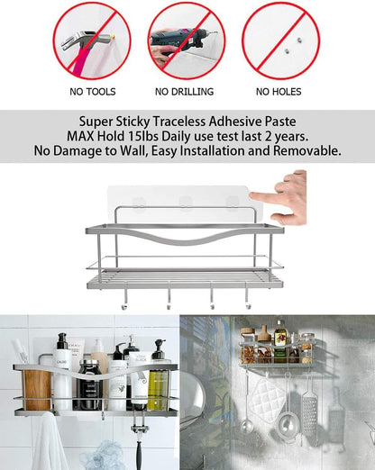 Premium Shower Caddy - Adhesive Bathroom Shower Organizer and Storage W/ 4 Hooks, No Drill Shower Shelves for inside Shower, Rustproof Stainless Steel Shower Rack, Accessories Holder, Silver