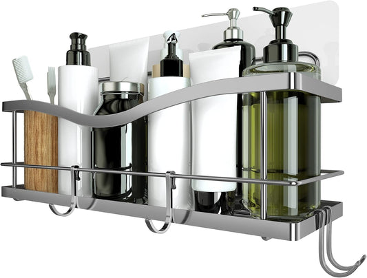 Premium Shower Caddy - Adhesive Bathroom Shower Organizer and Storage W/ 4 Hooks, No Drill Shower Shelves for inside Shower, Rustproof Stainless Steel Shower Rack, Accessories Holder, Silver
